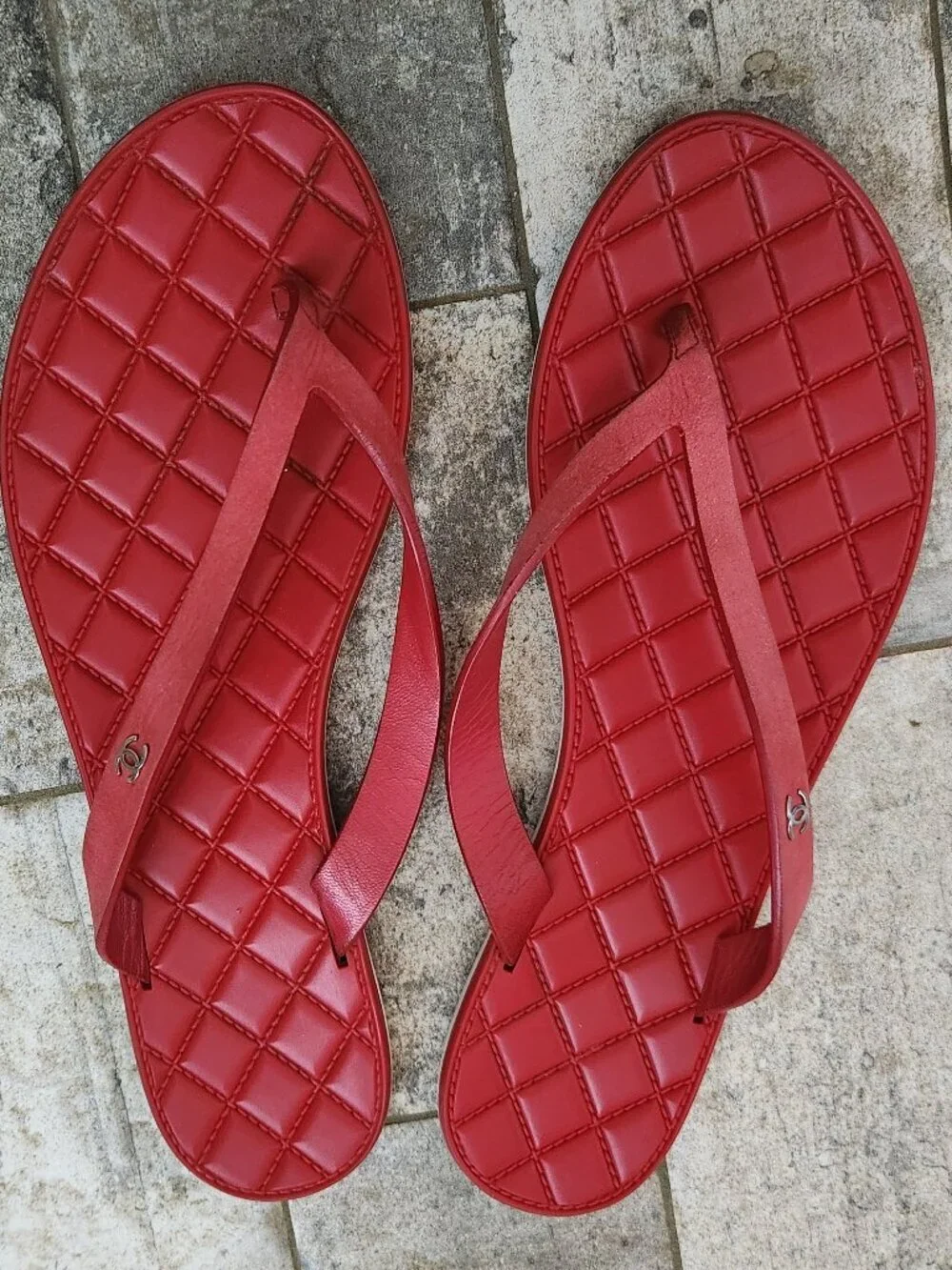 Chanel Red Quilted Flat Thong Sandals